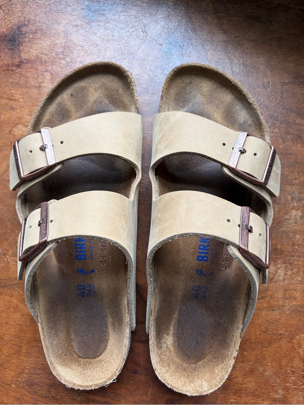 Birkenstock Two-Strap Sandals in Light Beige with Brown Buckles Women’s